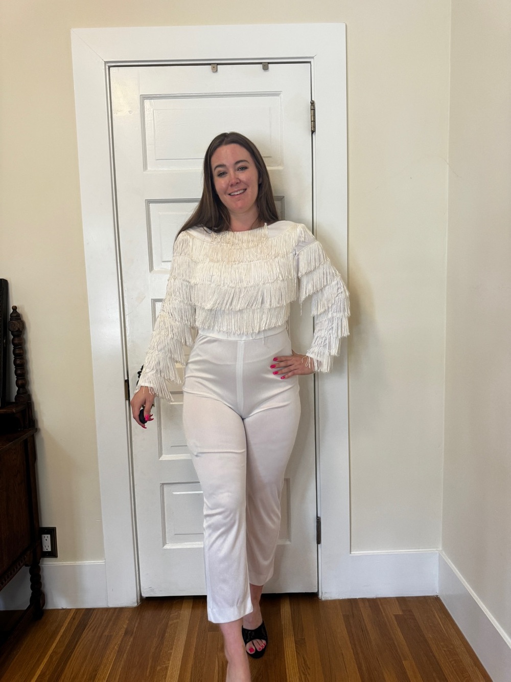 80s Vintage White Fringe Jumpsuit Sz Sm